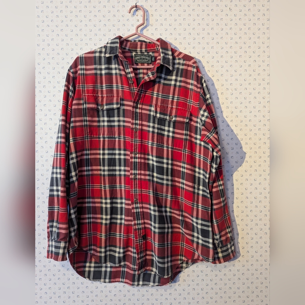 Polo Country Shirt Vintage Ralph Lauren Men's Red Plaid Button Down Rare Fraying - Picture 12 of 12